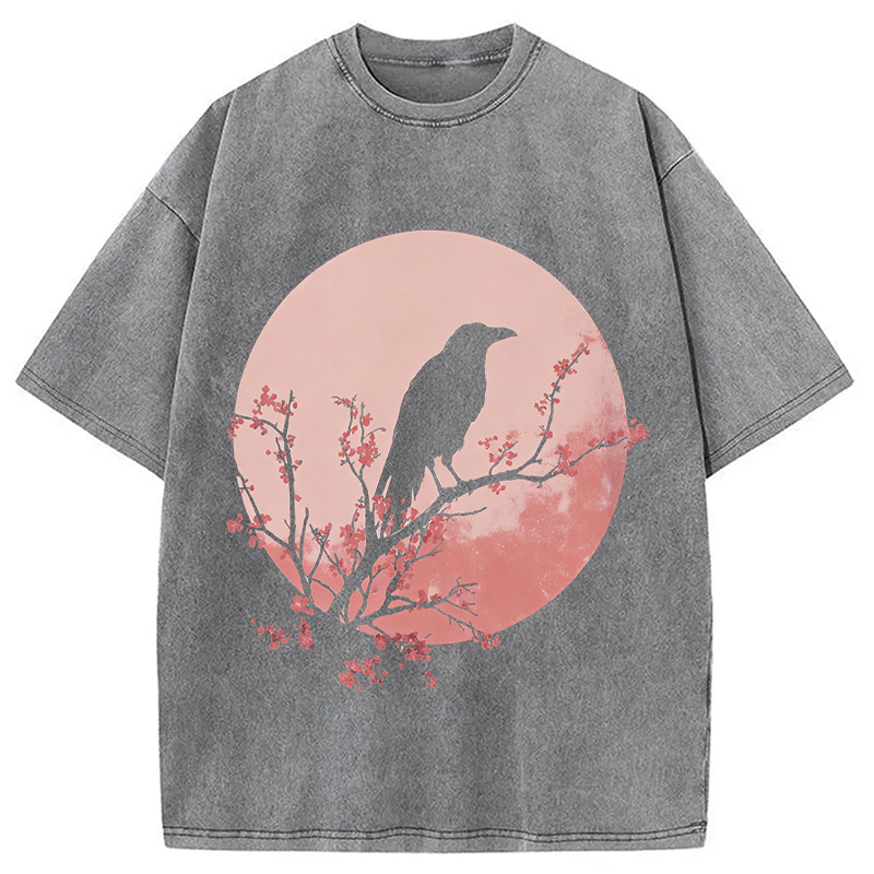 Modecanvas Crow Pink Moon DTG Printing Washed T-Shirt
