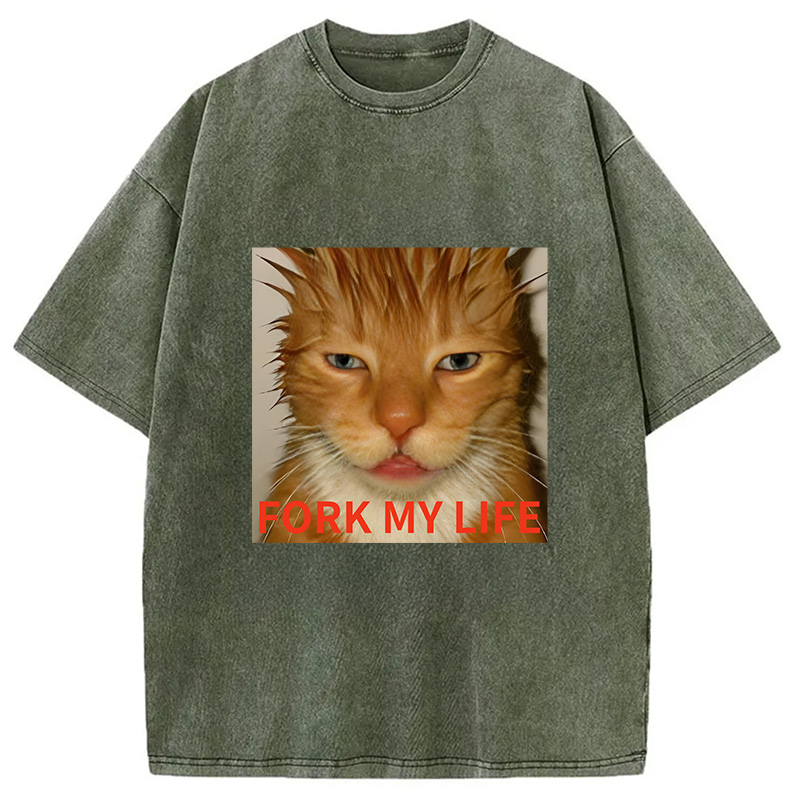 Modecanvas Orange Cat Fork My Life Washed T-Shirt