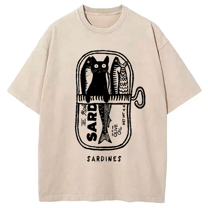 Modecanvas Cat Hiding In A Sardine Can Washed T-Shirt-modecanvas
