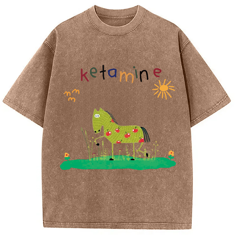 Modecanvas Funny Ketamine Horse DTG Printing Washed T-Shirt