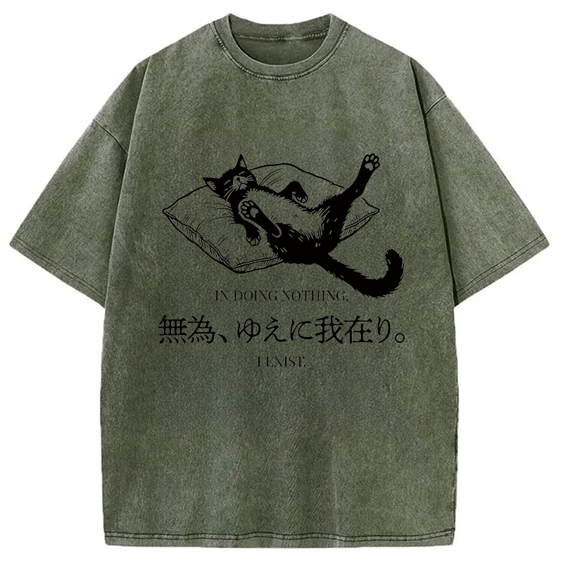 Modecanvas Minimalist Lazy Cat DTG Printing Washed T-Shirt-modecanvas