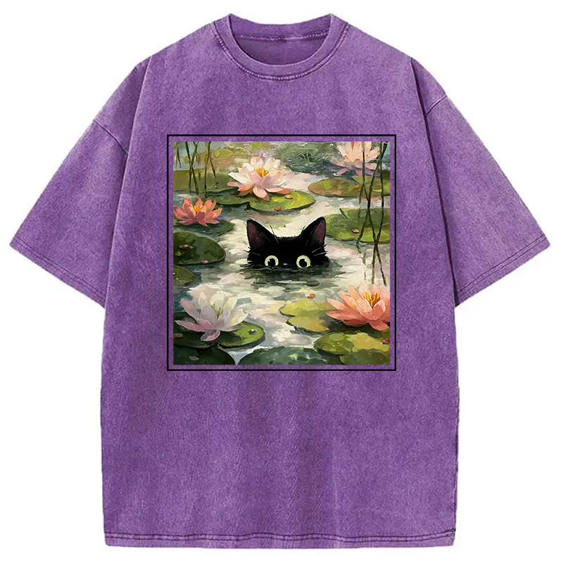 Modecanvas Black Cat and Lotus Flower Washed T-Shirt