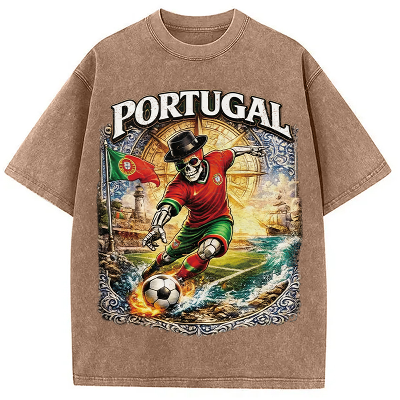 Modecanvas Portugal Soccer Skull DTG Printing Washed T-Shirt