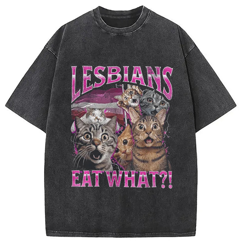 Modecanvas Lesbians Eat What?! Funny Washed T-Shirt-modecanvas