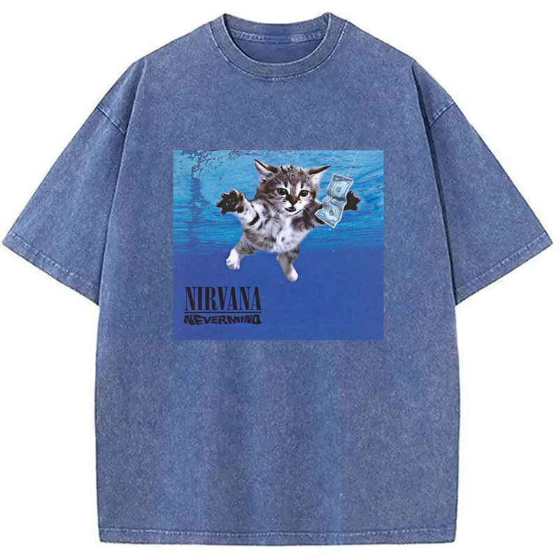 Modecanvas Nirvana Band Cat Washed T-Shirt-modecanvas