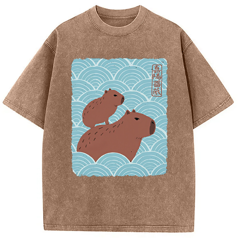 Modecanvas Kawaii Capybara Ukiyo-e Washed T-Shirt