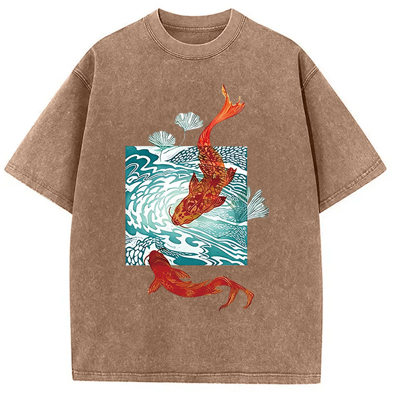 Modecanvas Koi In Wave Patterns DTG Printing Washed T-Shirt