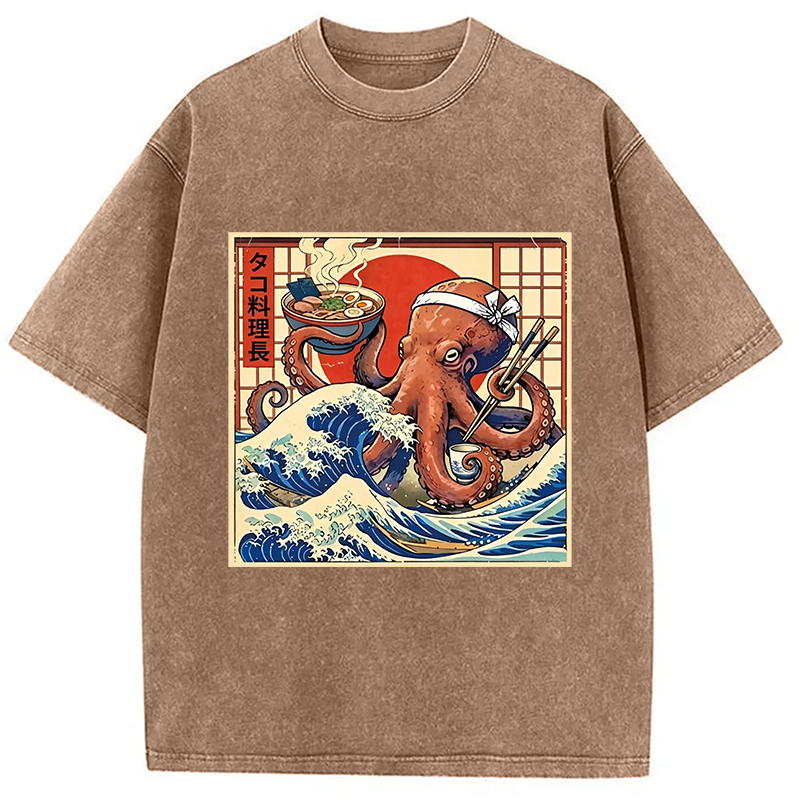 Modecanvas Ukiyo-E Octopus Ramen DTG Printing Washed T-Shirt