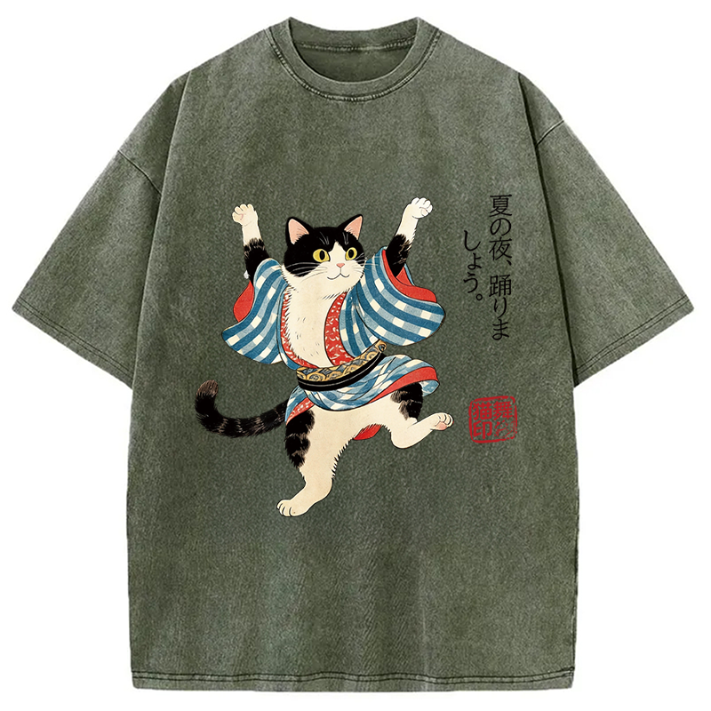 Modecanvas Bon Odori Dancing Cat DTG Printing Washed T-Shirt-modecanvas