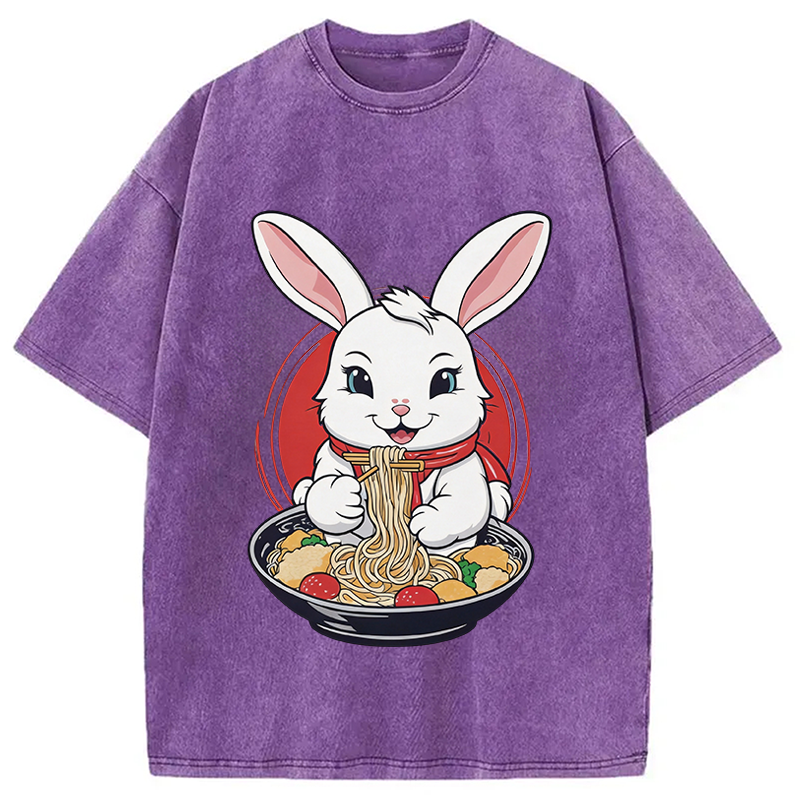 Modecanvas Cute Kawaii Rabbit Eating Ramen DTG Printing Washed T-Shirt
