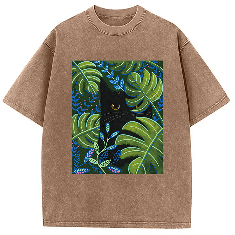 Modecanvas Cat In The Monstera DTG Printing Washed T-Shirt