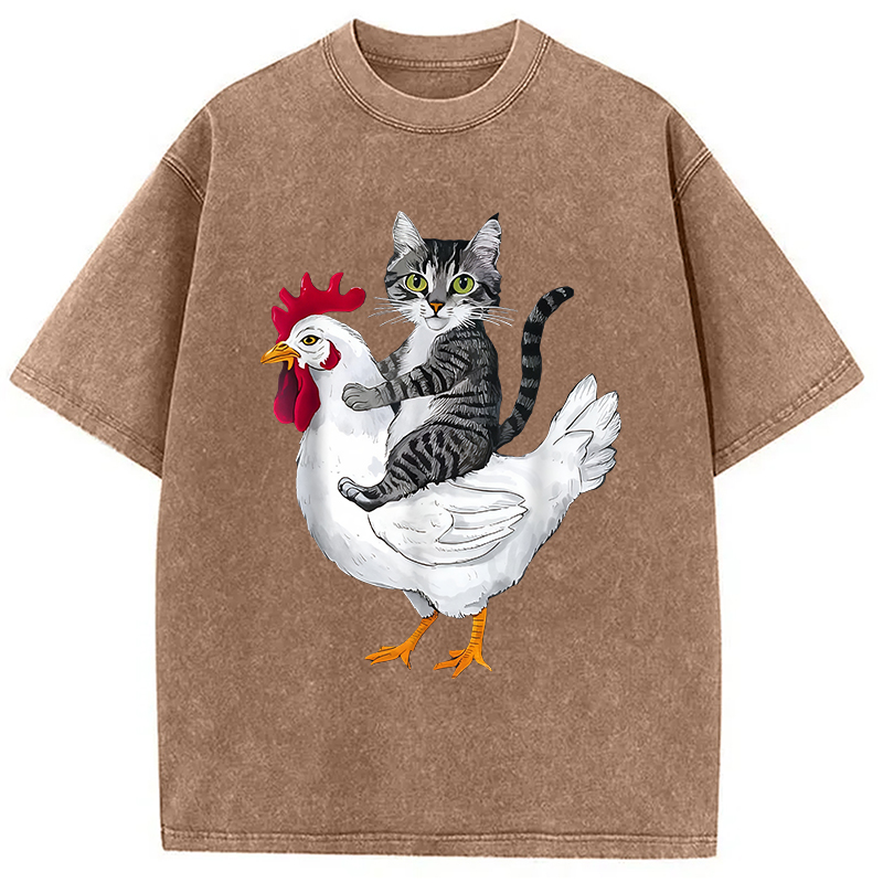 Modecanvas Funny Cat Riding Chicken Washed T-Shirt