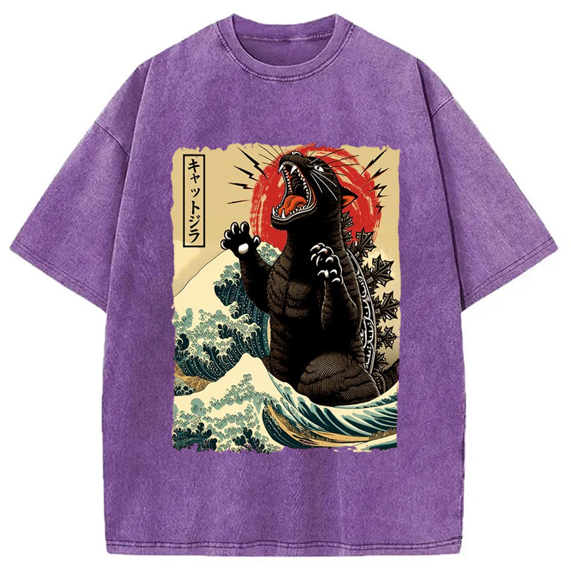 Modecanvas Catzilla Cat Wave Japanese Washed T-Shirt-modecanvas