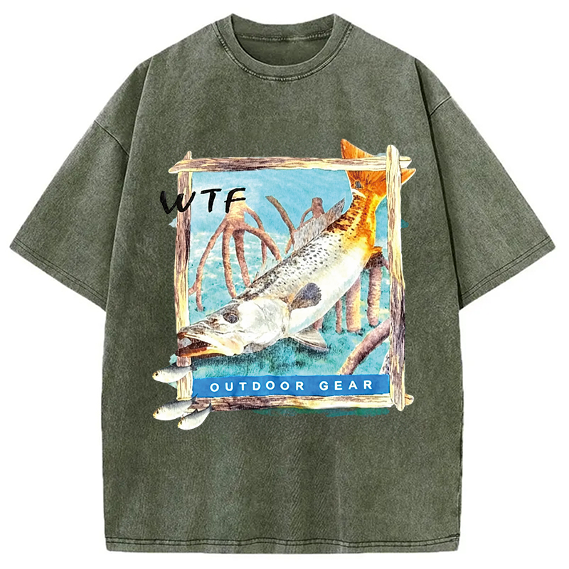 Modecanvas Funny WTF Fishing Fish DTG Printing Washed T-Shirt