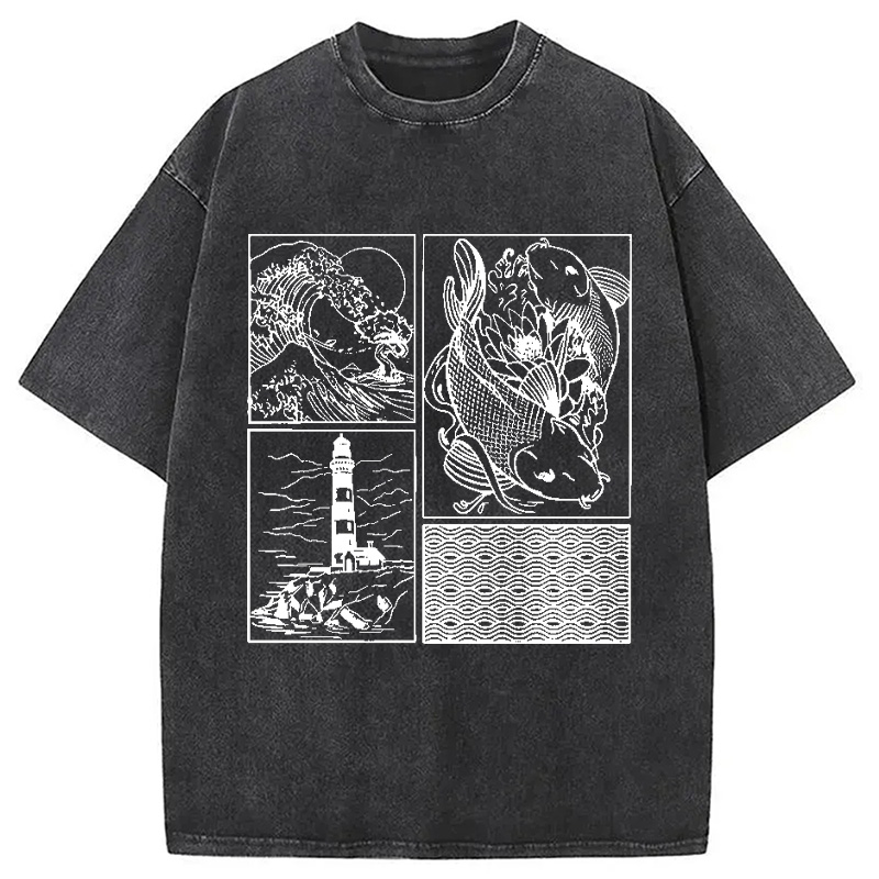 Modecanvas Vintage Minimalist Marine Life Japan Washed T-Shirt