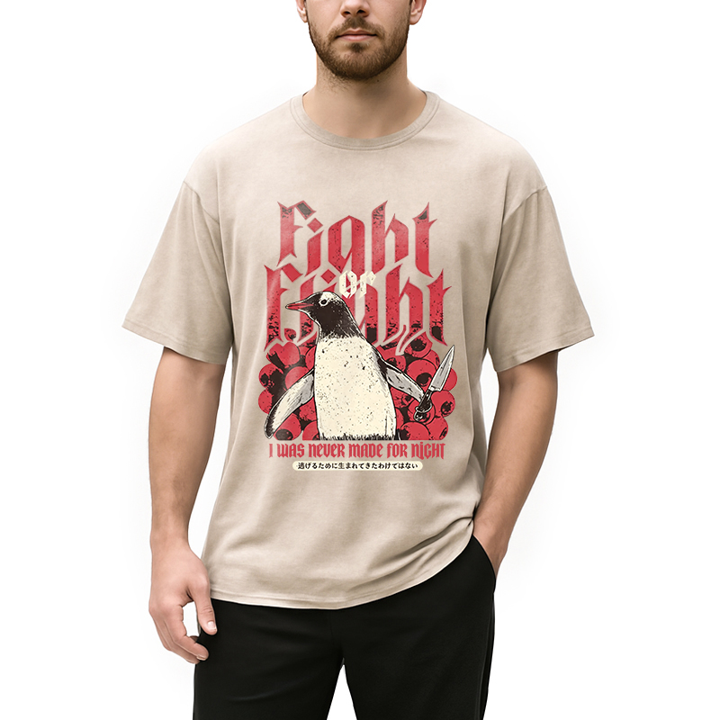 Modecanvas Fight Or Flight Penguin DTG Printing Washed T-Shirt