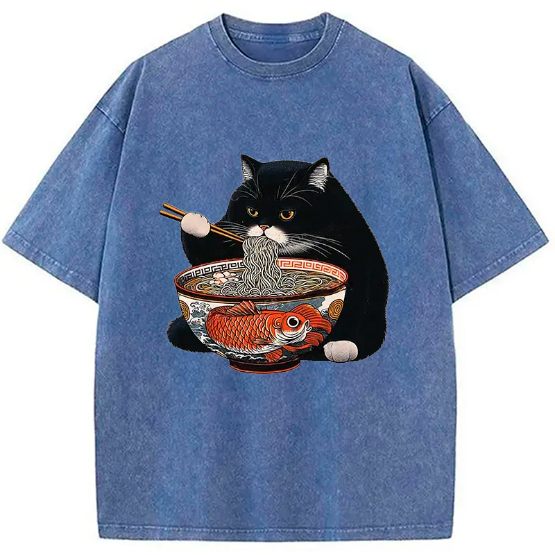 Modecanvas Fat Cat Eating Ramen Washed T-Shirt-modecanvas