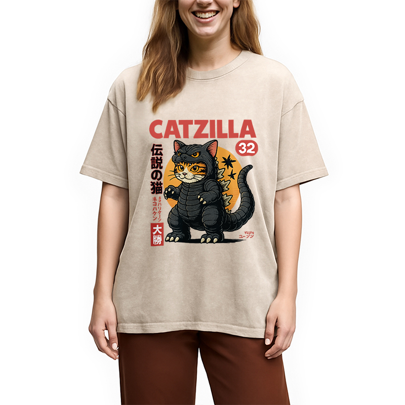 Modecanvas Catzilla Monster Cat Washed T-Shirt