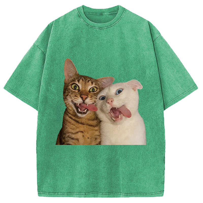 Modecanvas Funny Cat Tongue Out DTG Printing Washed T-Shirt