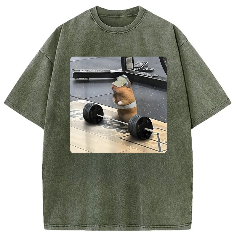 Modecanvas Funny Cute Rat Weightlifting Meme Washed T-Shirt-modecanvas