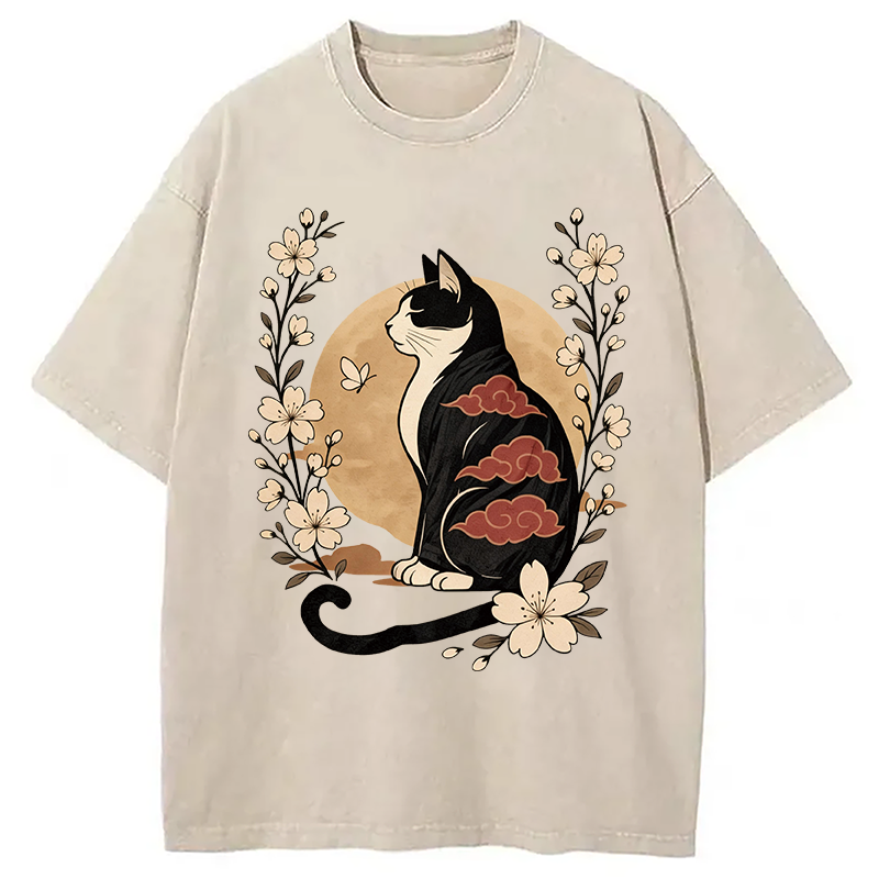 Modecanvas Kawaii Japanese Cat DTG Printing Washed T-Shirt-modecanvas