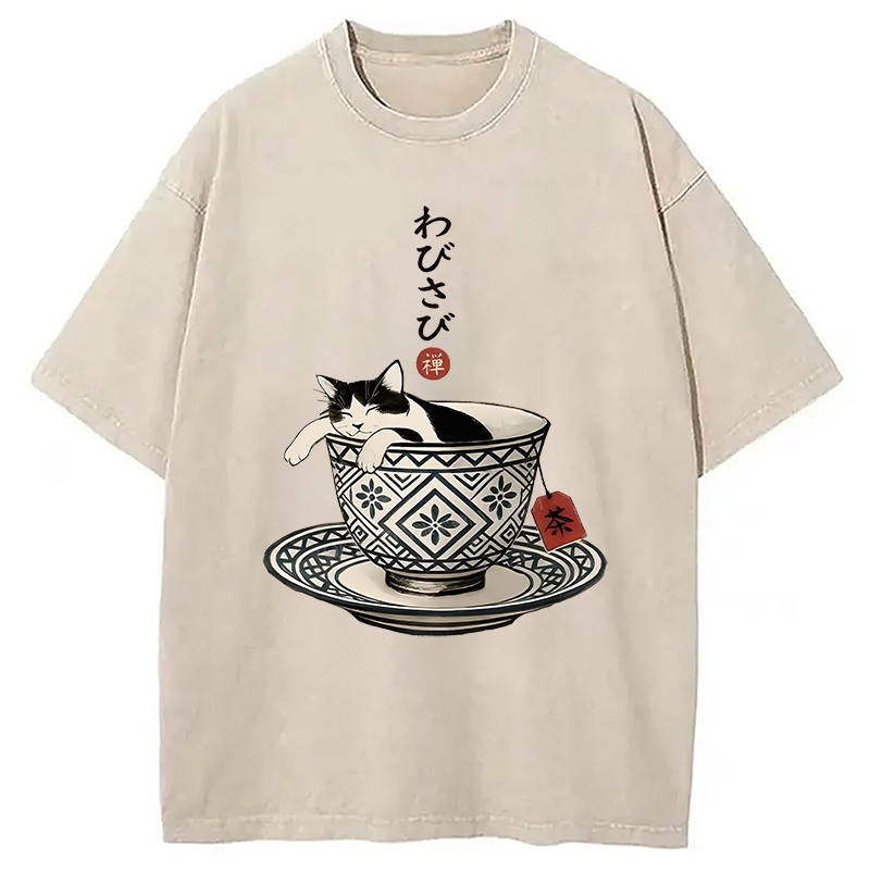 Modecanvas A Cozy Cat In A Teacup Washed T-Shirt-modecanvas
