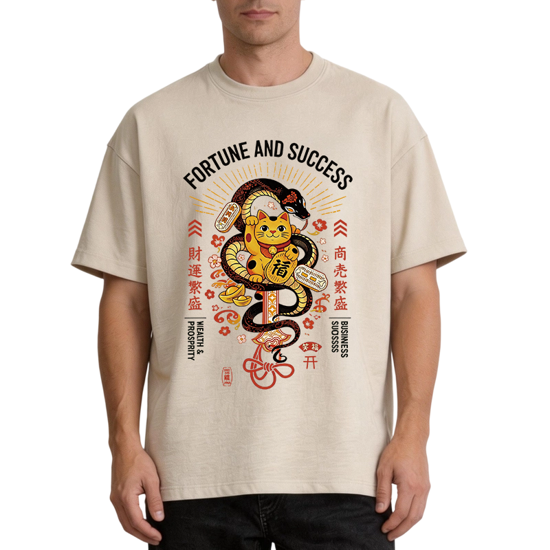 Modecanvas Fortune And Success Maneki Neko DTG Printing Washed T-Shirt