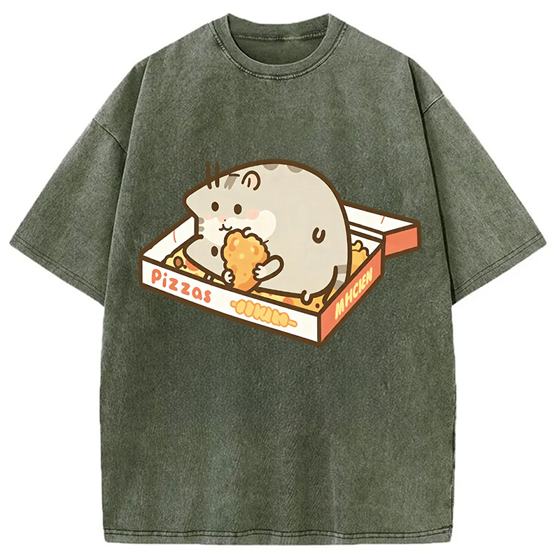 Modecanvas Cute Hamster Pizza DTG Printing Washed T-Shirt