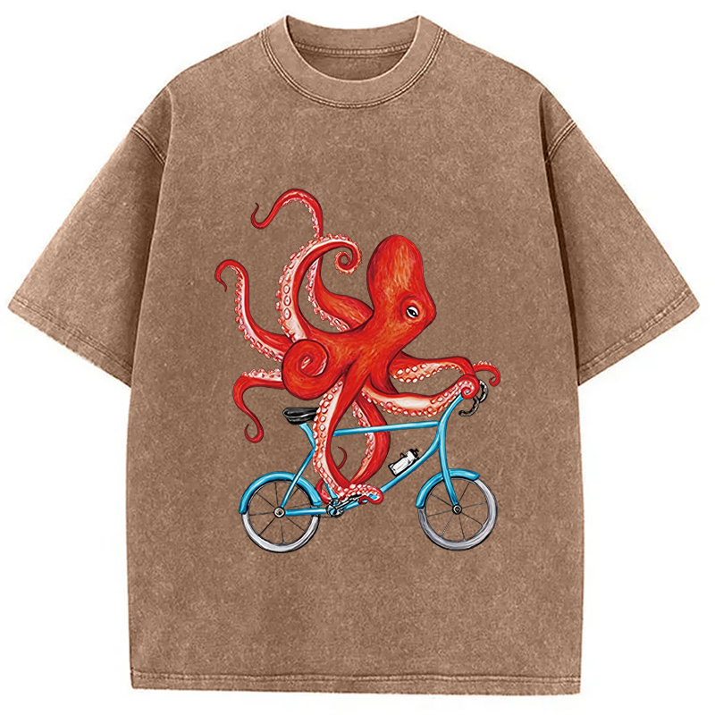 Modecanvas Octopus On A Bicycle Parody Meme DTG Printing Washed T-Shirt-modecanvas