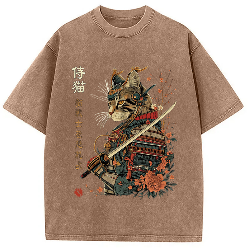 Modecanvas Japanese Samurai Cat DTG Printing Washed T-Shirt-modecanvas
