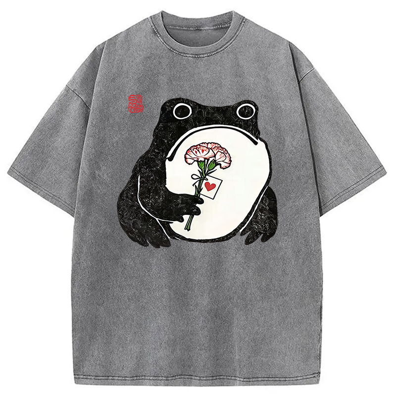 Modecanvas The Frog Holding A Carnation DTG Printing Washed T-Shirt