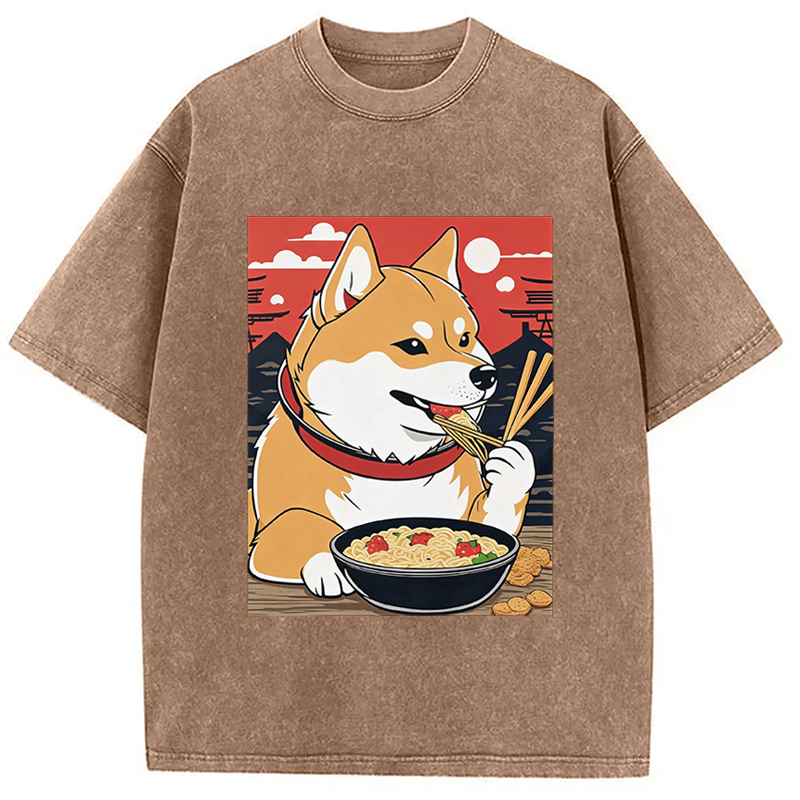 Modecanvas Cute Shiba Inu Dog Eating Ramen DTG Printing Washed T-Shirt