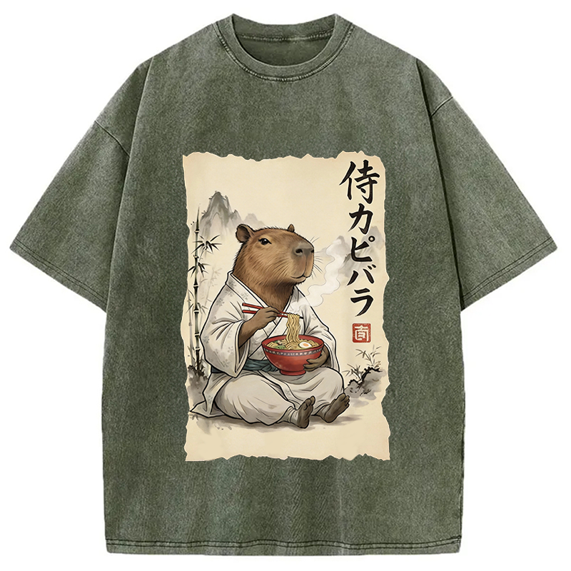 Modecanvas Funny Capybara Ramen DTG Printing Washed T-Shirt