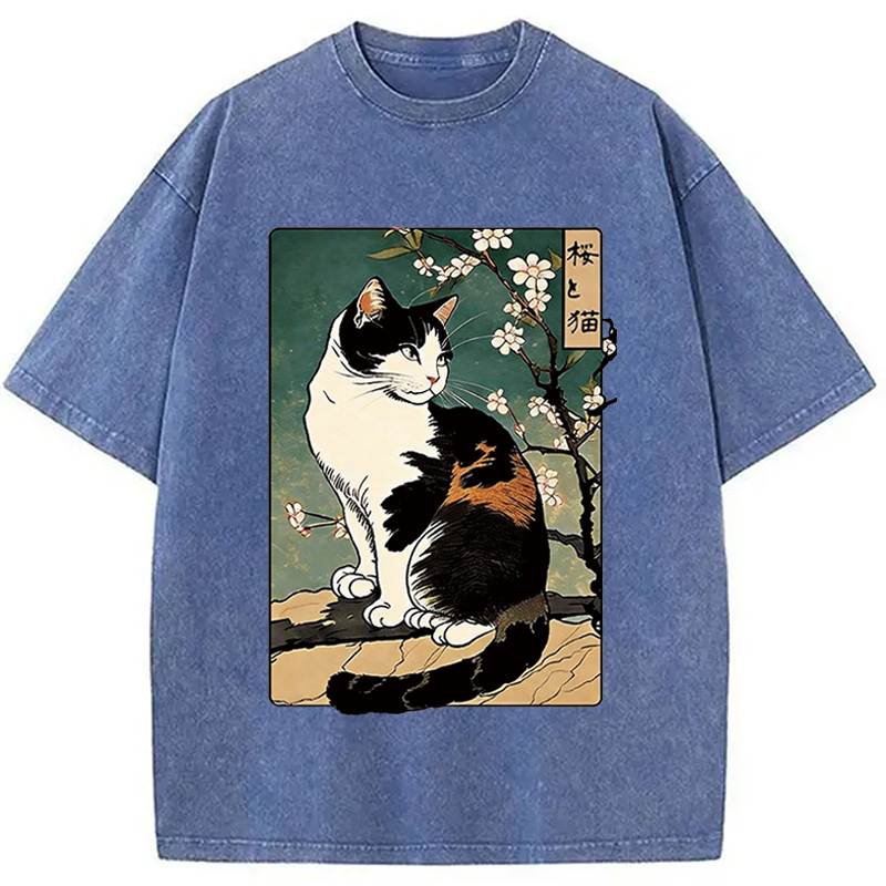Modecanvas The Cat Under the Sakura DTG Printing Washed T-Shirt-modecanvas