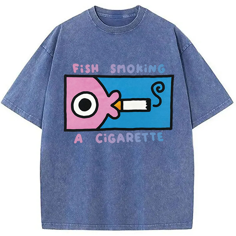Modecanvas Fish Smoking A Cigarette DTG Printing Washed T-Shirt