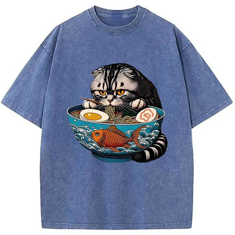 Modecanvas American Shorthair Cat Eating Ramen Washed T-Shirt