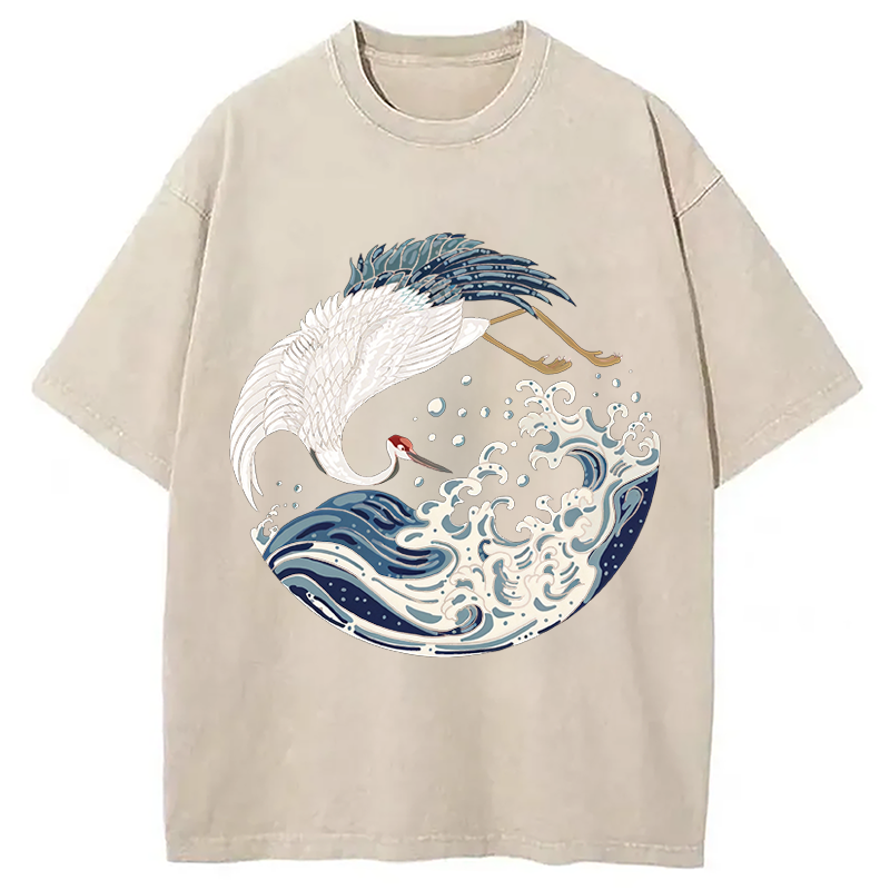 Modecanvas Crane Bird Wave DTG Printing Washed T-Shirt