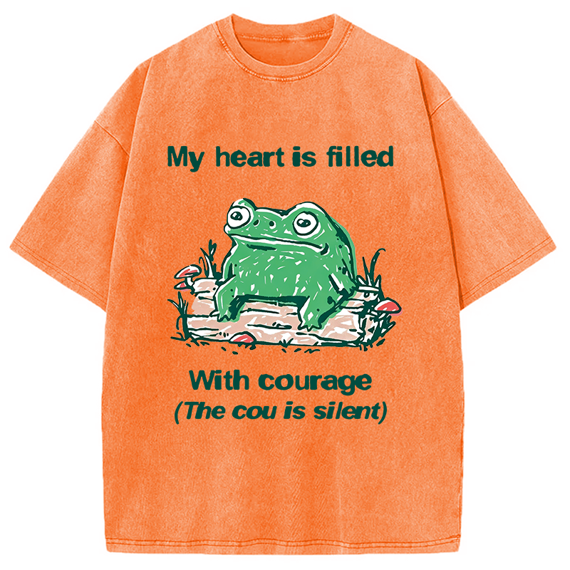 Modecanvas My Heart Is Filled With Courage Frog DTG Printing Washed T-Shirt-modecanvas