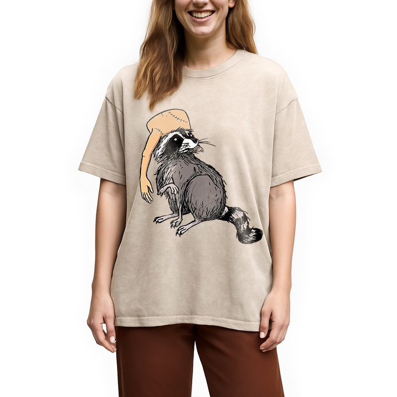 Modecanvas Funny Raccoon Hat DTG Printing Washed T-Shirt