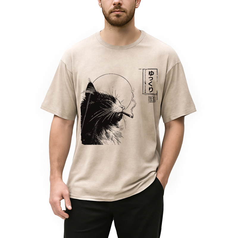 Modecanvas Stay Chill Smoking Cat DTG Printing Washed T-Shirt-modecanvas