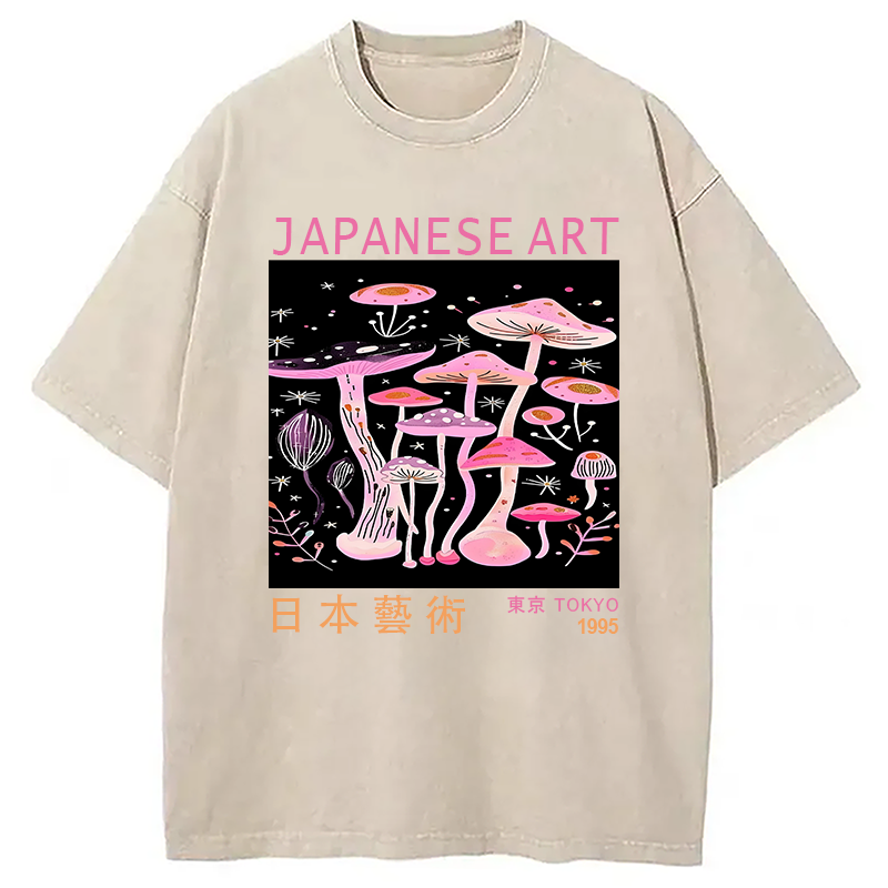 Modecanvas Japanese Art Pink Hallucinogenic Mushrooms Washed T-Shirt