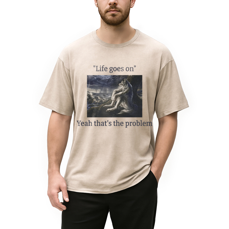 Modecanvas Depressed Wolf Meme DTG Printing Washed T-Shirt