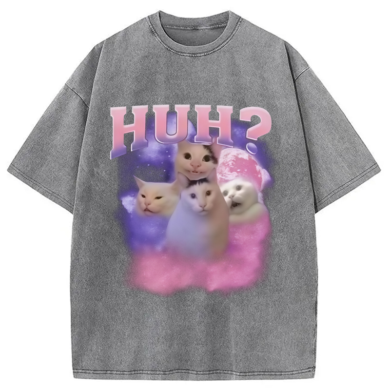Modecanvas Pink Funny Meme Huh Cat Washed T-Shirt-modecanvas
