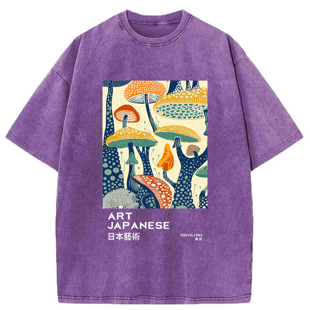 Modecanvas Dancing Mushroom Japanese Art Washed T-Shirt