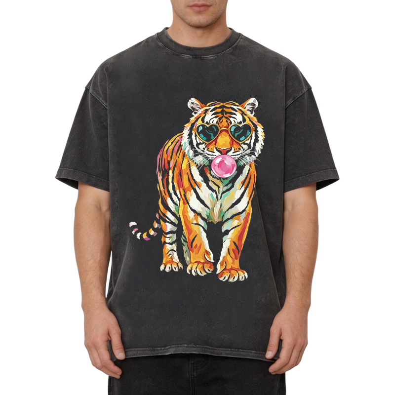 Modecanvas Tiger Cute Animal DTG Printing Washed T-Shirt