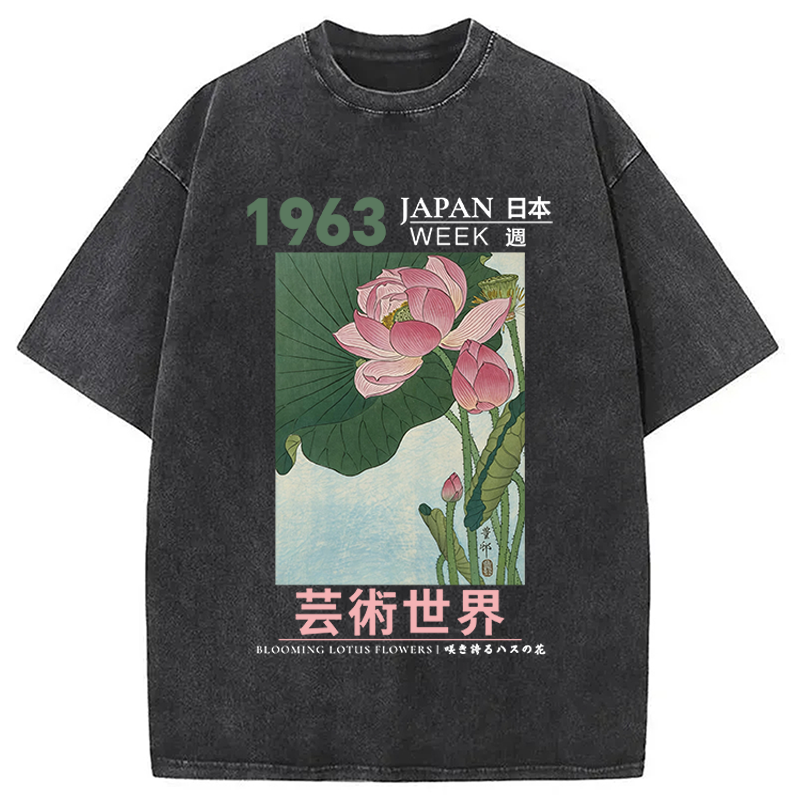 Modecanvas Blooming Lotus Flowers DTG Printing Washed T-Shirt