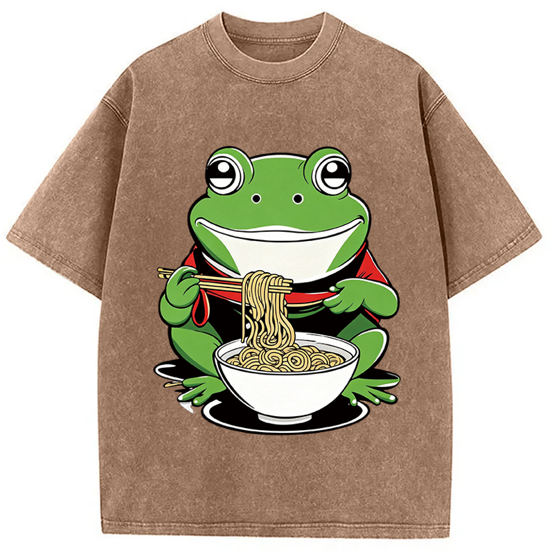 Modecanvas Cute Frog Eating Ramen DTG Printing Washed T-Shirt