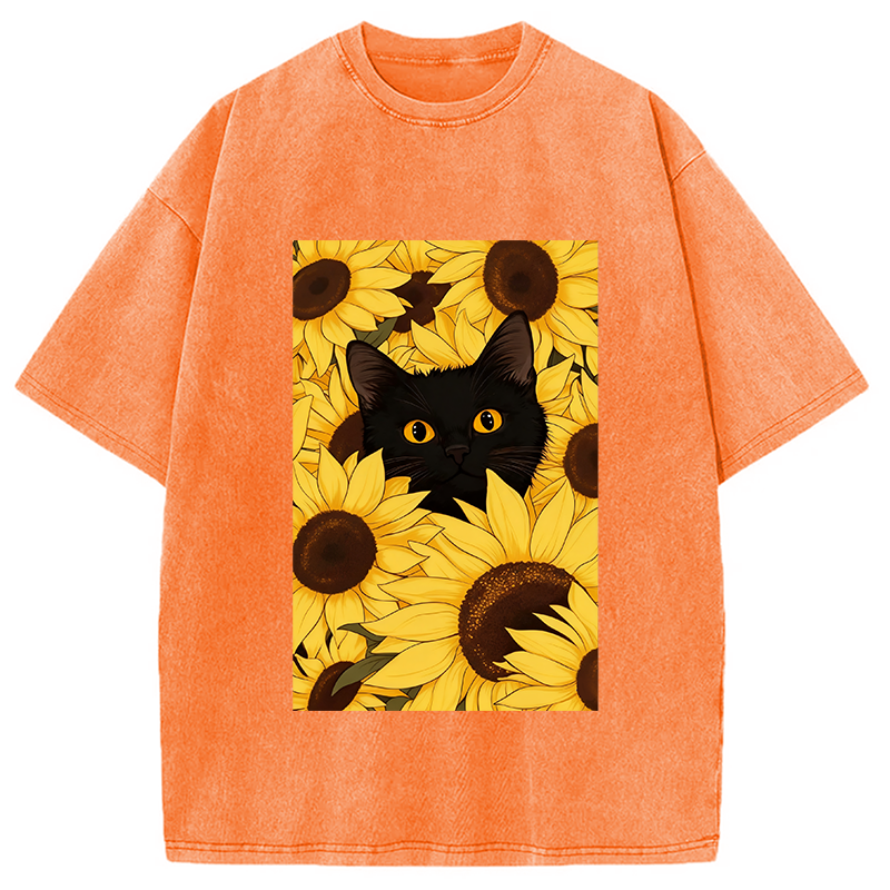 Modecanvas Cat In The Sunflowers Washed T-Shirt