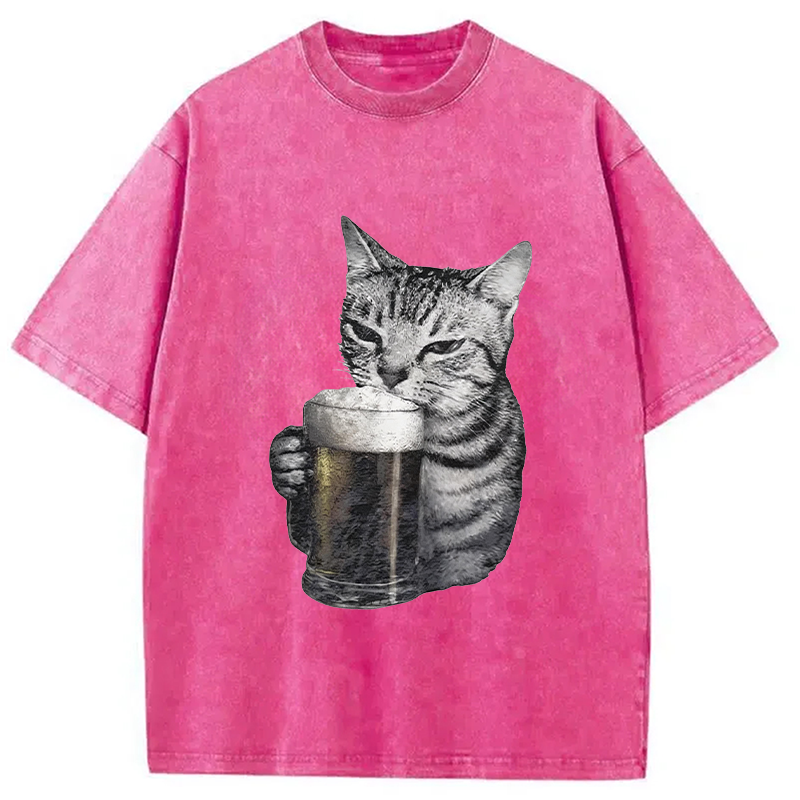 Modecanvas Cheers With The Cat Washed T-Shirt-modecanvas