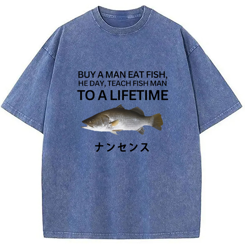 Modecanvas Buy a Man Eat Fish Washed T-Shirt-modecanvas